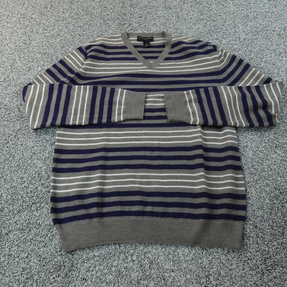 Banana Republic‎ Sweater Mens L Gray Stripe Merino Wool V Neck Knit Pullover Top